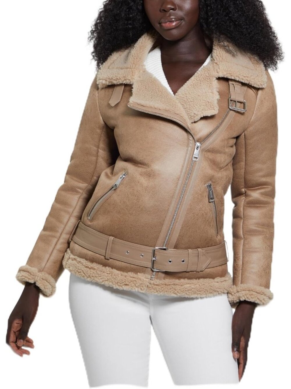 Guess Women's Lover Beach Long Sleeve Notch Lena Belted Faux Shearling Jackets